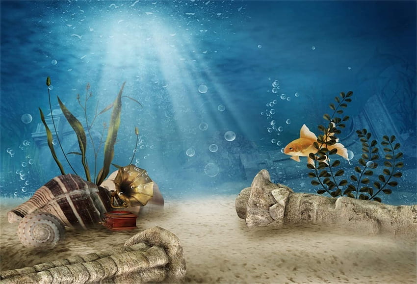 Laeacco Magical Seabed Sea Animals Backdrop Vinyl ft Underwater Fish Shells Old Record Player Fairytale Mysterious Castle Background Child Baby Kids Birtay Party Banner Portrait Shoot: Camera & HD-Hintergrundbild