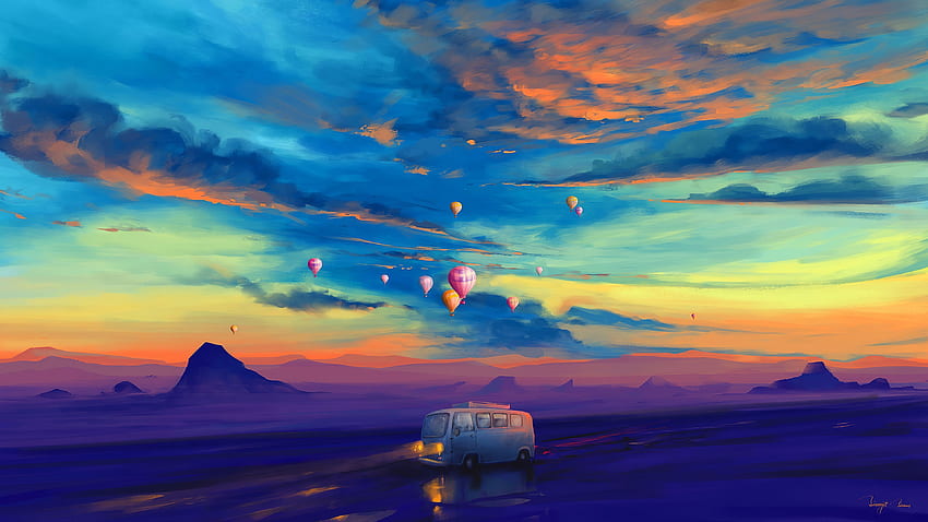 カラフルな夕日のバンと熱気球 Ultra, Colorful Sunset 高画質の壁紙