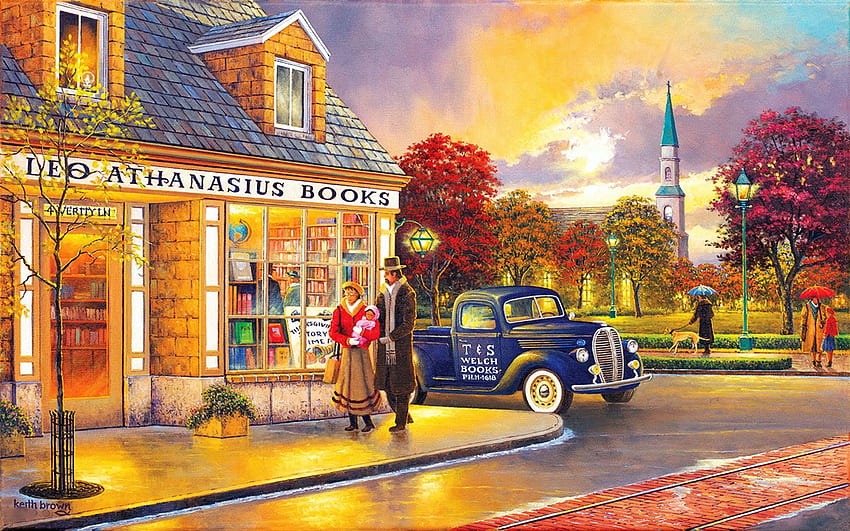 Leo's Bookshop, artwork, shop, painting, car, house, street, trees, village HD wallpaper