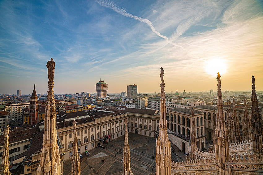 Katedra Włochy Plac miejski Mediolan, Duomo al tramonto Sun Sky Tapeta HD