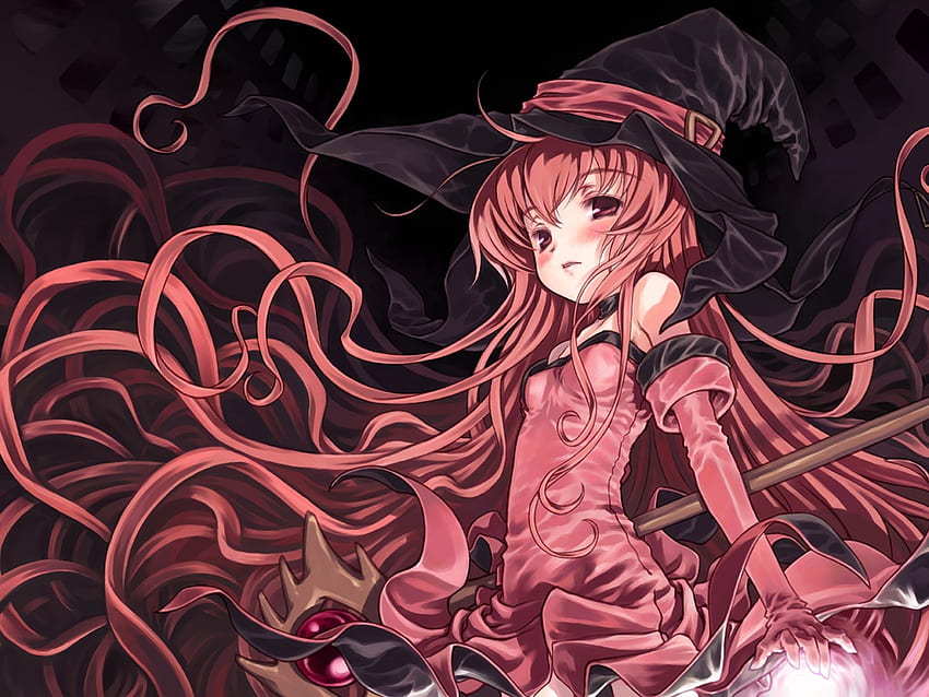 Red witch, magic, red, dress, black hat, witch HD wallpaper