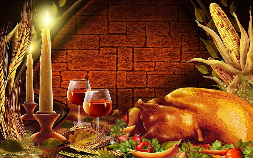 thanksgiving dinner turkey candles wine food holiday HD wallpaper