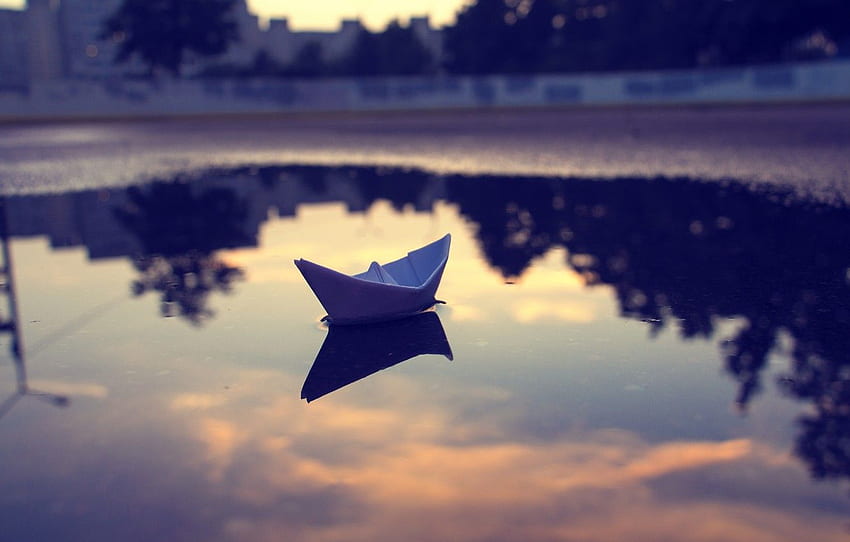 clouds, sunset, reflection, heaven, the evening, puddle, Paper Boat HD wallpaper