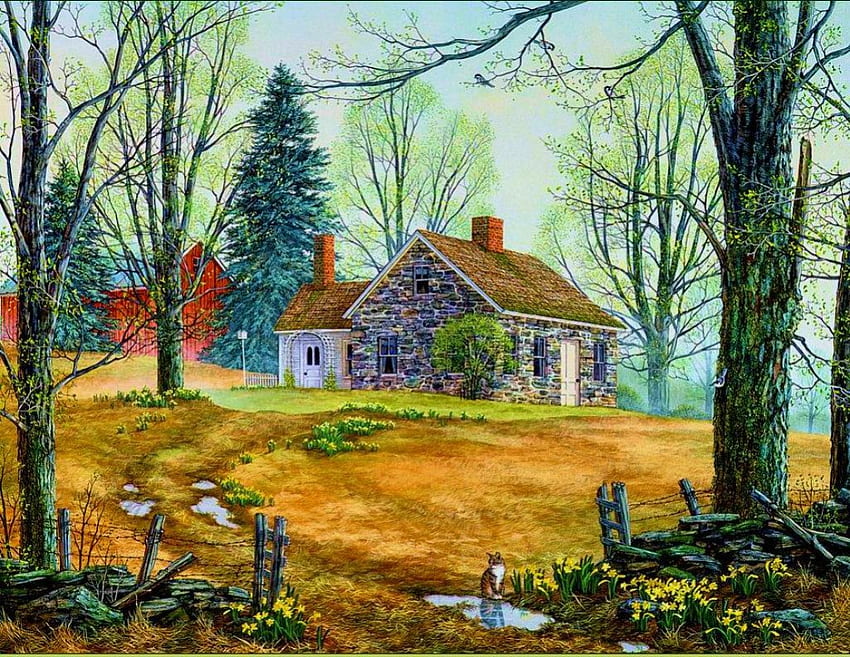Cottage im Spätherbst, Landschaft, Bäume, Malerei, Zaun HD-Hintergrundbild