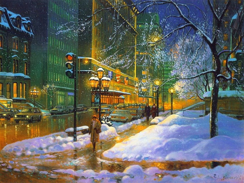 Rue Sherbrooke, night, winter, art, town, beautiful, walk, rue, holiday, painting, snow, lights, street, evening HD wallpaper