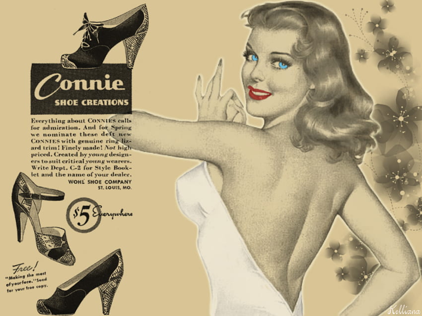 Perfect Ad!, red lips, perfect ad, old ads, shoes, blue eyes, black and white, kelliana HD wallpaper