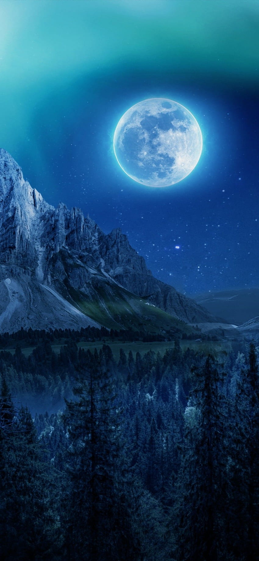 Moon , Aurora Borealis, Mountains, Winter, Forest, Night, Nature HD phone wallpaper