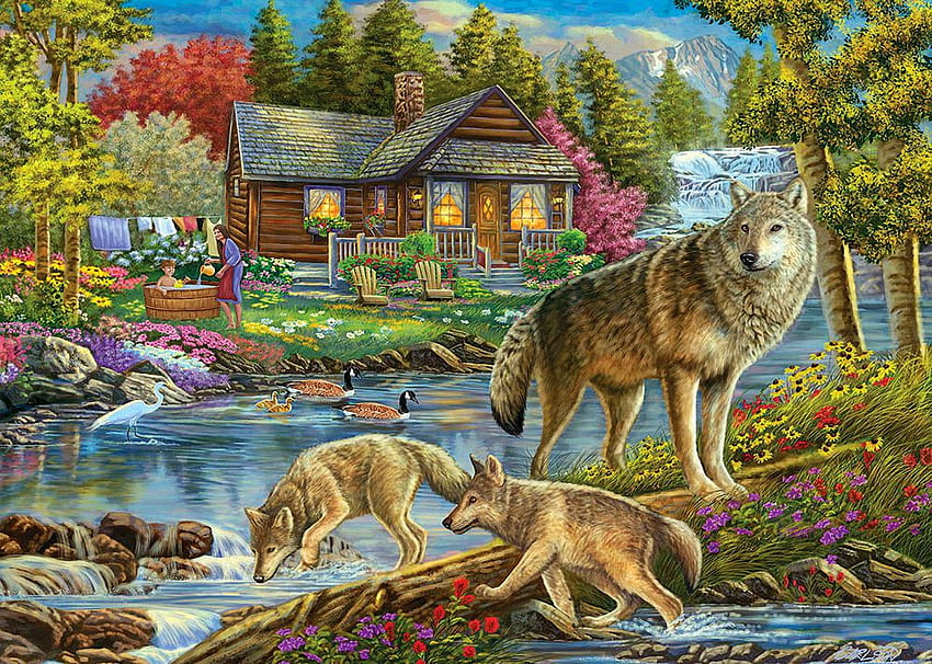 Bath Time, river, wolves, painting, pups, waterfall, flowers, cabin HD wallpaper