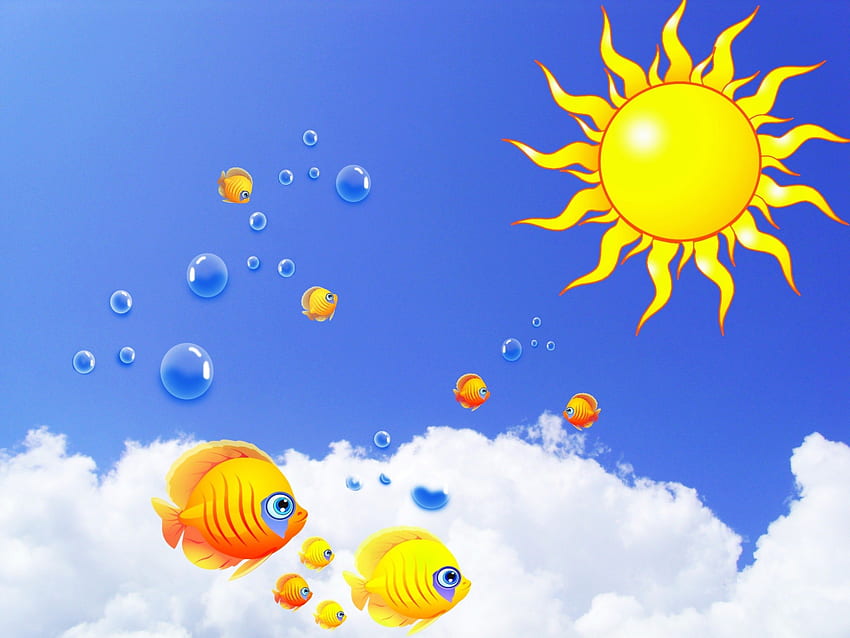 A Sunny Family Getaway, blue, fishes, yellow, sky, sun HD wallpaper