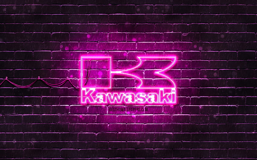Kawasaki purple logo, , purple brickwall, Kawasaki logo, motorcyles brands, Kawasaki neon logo, Kawasaki HD wallpaper