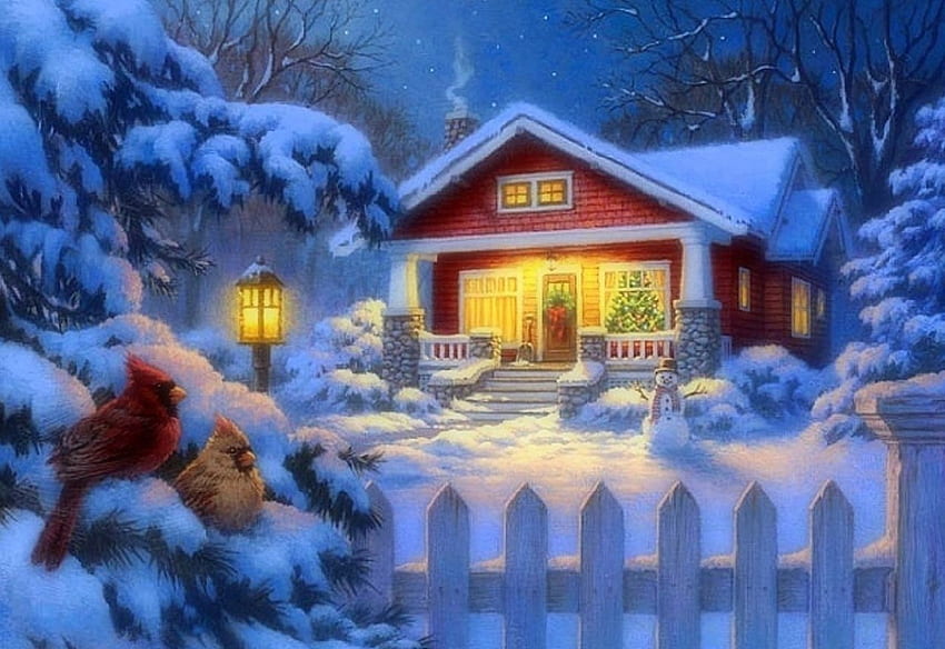 Bungalow Natal, musim dingin, liburan, bungalo, atraksi dalam mimpi, lukisan, rumah, manusia salju, cinta empat musim, pohon natal, Natal, salju, hari natal dan tahun baru, kardinal Wallpaper HD