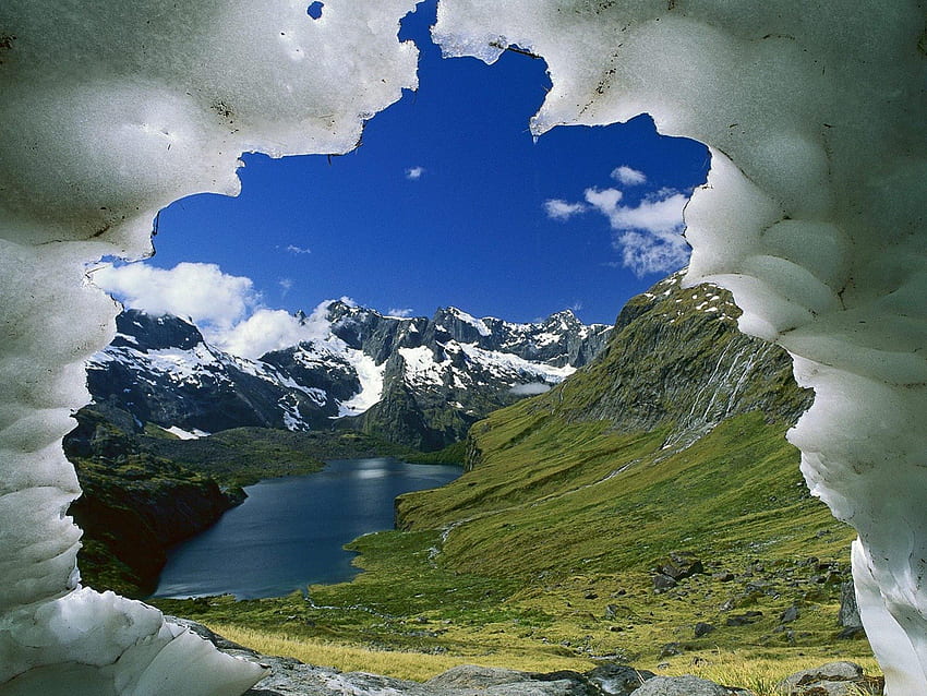 Национален парк Fiordland, ледник, Южен остров, Нова Зеландия, остров, синьо, земя, дневна светлина, ден, отражение, сняг, вода, трева, езеро, парк, скала, облаци, национален, природа, небе, лед HD тапет