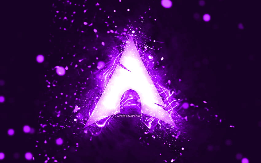 Violettes Logo von Arch Linux, violette Neonlichter, kreativer, violetter abstrakter Hintergrund, Logo von Arch Linux, Linux, Arch Linux HD-Hintergrundbild