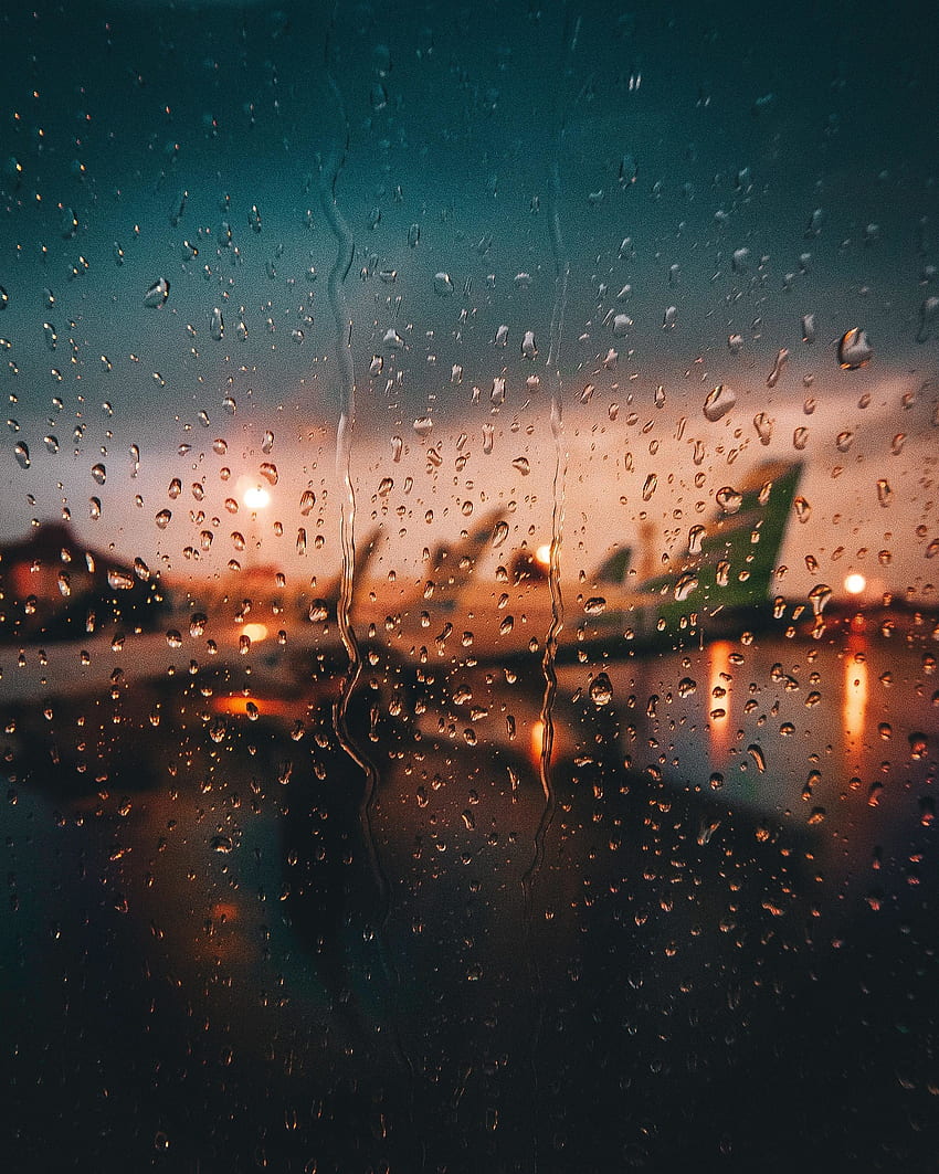 Glass surface, window, airport, sunset, drops HD phone wallpaper