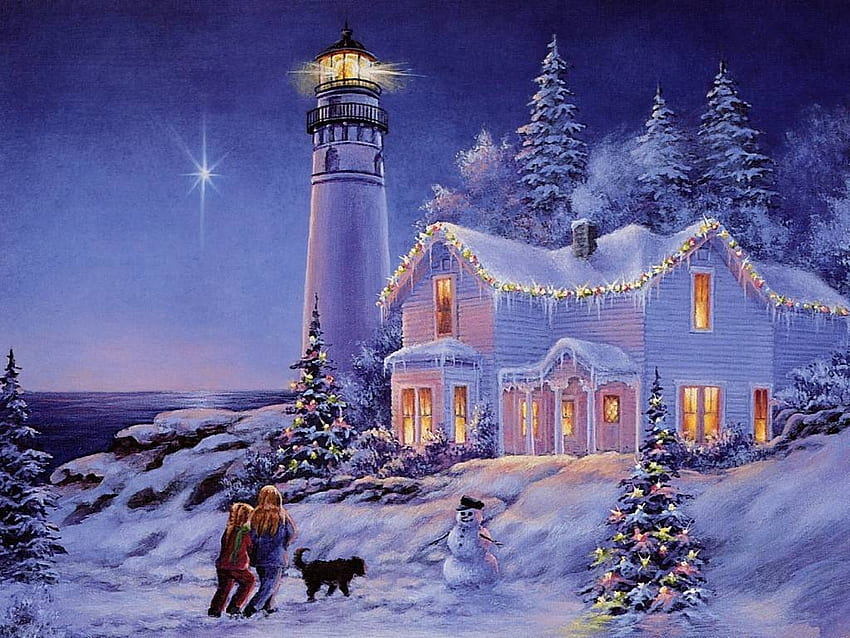 lighthouse decorated, lighthouse, lights, christmas, people, ocean HD wallpaper