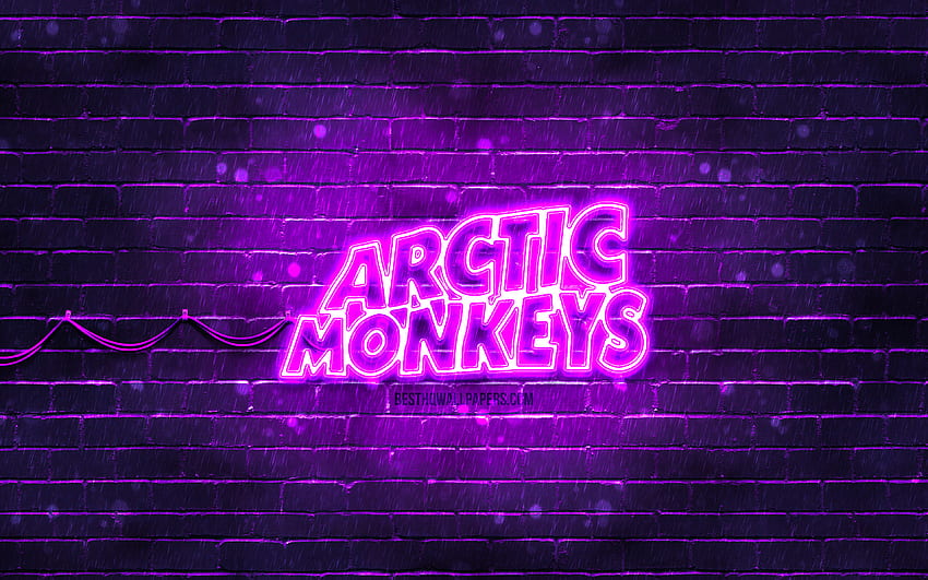 โลโก้สีม่วงของ Arctic Monkeys, วงร็อคอังกฤษ, นักดนตรี, ผนังอิฐสีม่วง, โลโก้ Arctic Monkeys, โลโก้นีออนของ Arctic Monkeys, Arctic Monkeys วอลล์เปเปอร์ HD