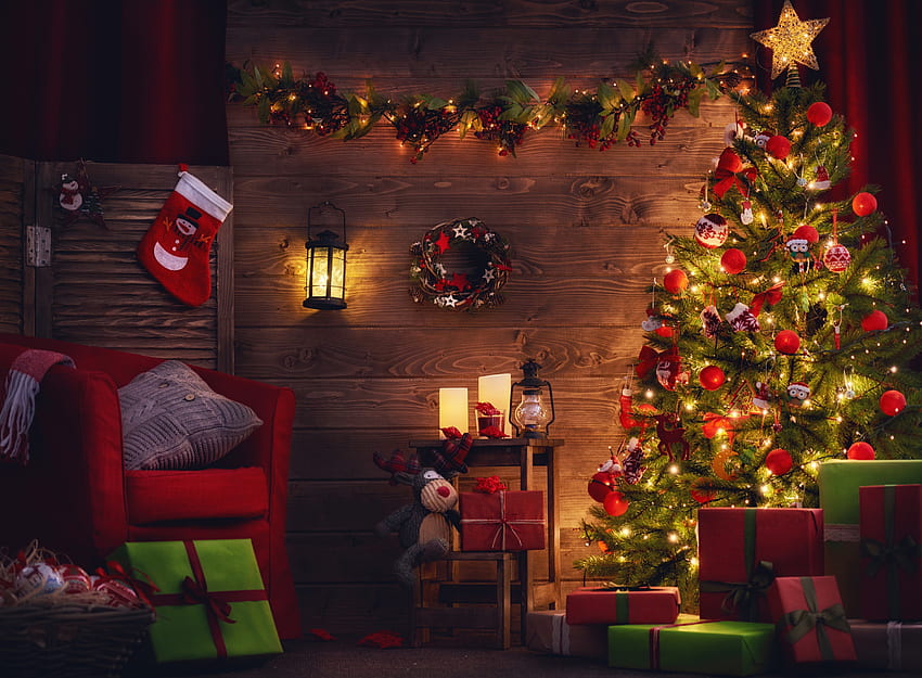 Árbol de navidad, vacaciones, decoraciones, regalos. fondo de pantalla