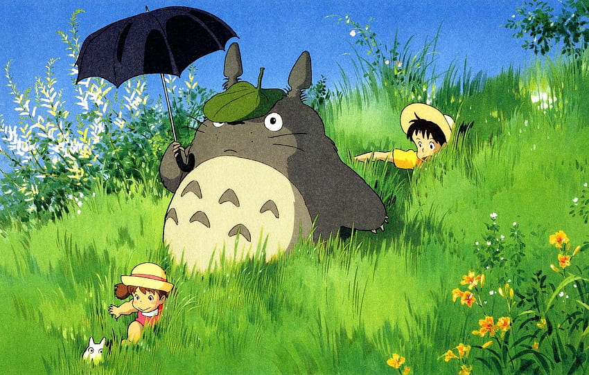 estate, erba, bambini, cappello, essere, ombrello, camminare, il mio vicino Totoro, totoro, tonari no totoro, hayao Miyazaki, satsuki kusakabe, mei kusakabe per , sezione сёнэн Sfondo HD