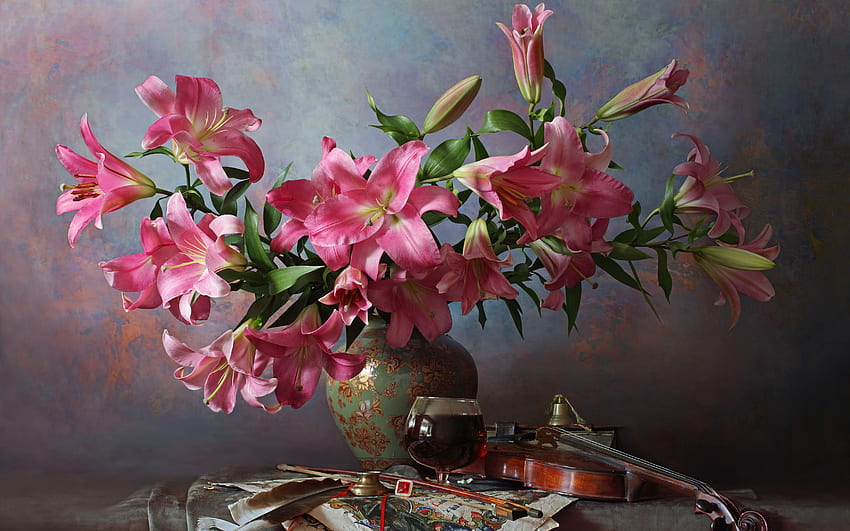 Lily Still Life, still life, violin, lilies, wine, bell HD wallpaper ...