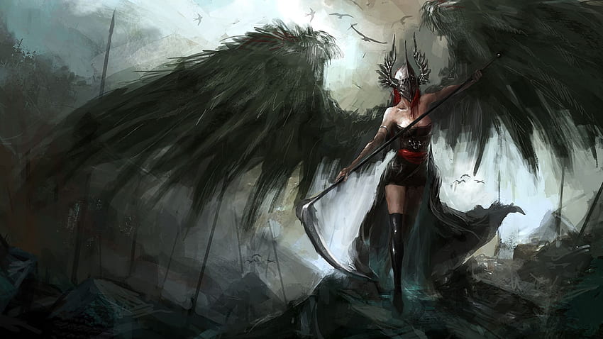 Scythe Helmet Wings Fantasy wanita muda Angels, Angel 2560 X 1440 Wallpaper HD