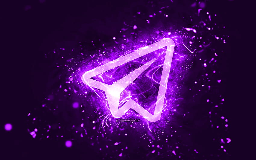 Виолетово лого на Telegram, , виолетови неонови светлини, творчески, виолетов абстрактен фон, лого на Telegram, социална мрежа, Telegram HD тапет