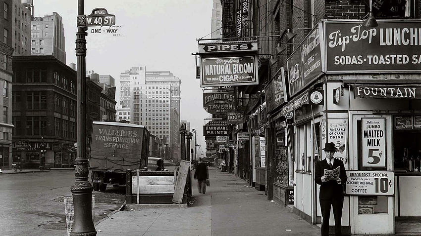 cidade velha, 1940, preto e branco, Vintage Man papel de parede HD