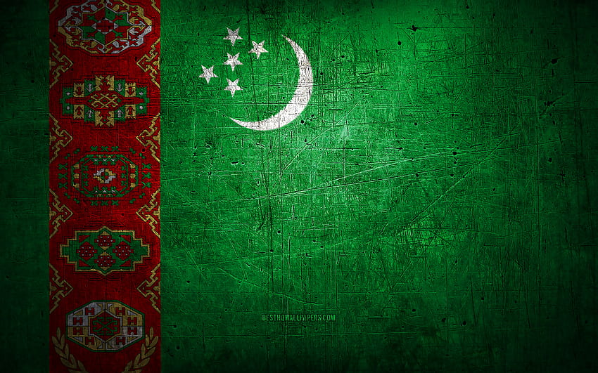 Bandera de metal de Turkmenistán, arte grunge, países asiáticos, Día de Turkmenistán, símbolos nacionales, bandera de Turkmenistán, banderas de metal, Bandera de Turkmenistán, Asia, Bandera de Turkmenistán, Turkmenistán fondo de pantalla