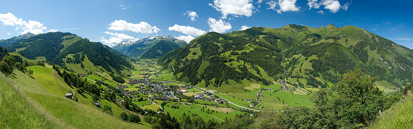 Austrian Alps, mountains, trees, village, houses, top view Multi Monitor Panorama HD wallpaper