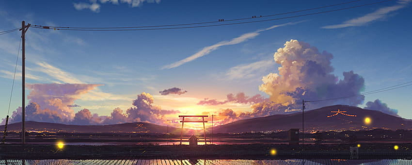 Granjas, paisaje, pueblo, puesta de sol, anime, Dual Wide, Wide 21:9, , Ultrawide Anime fondo de pantalla