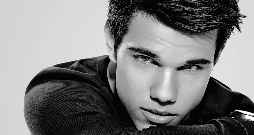 Taylor Lautner, white, black, man, actor, face, bw, male HD wallpaper