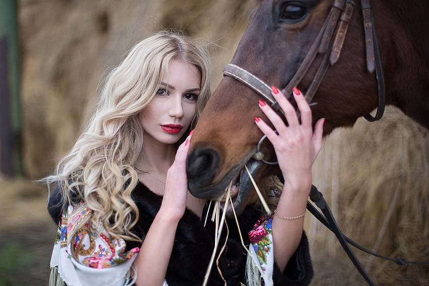Blonde with horse, model, horse, blonde, lozgachev aleksei, face, girl, cal, woman HD wallpaper