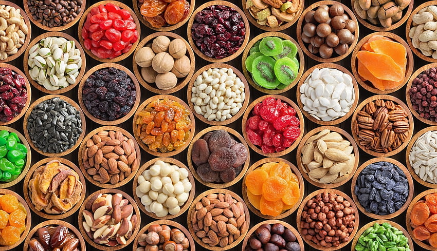 Bowls of Nuts and Dried Fruit, fruits, dried, food, Nuts HD wallpaper