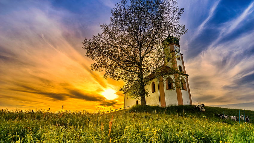 Church in Upper Swabia, Germany, chapel, tree, colors, landscape, clouds, sky, sunset HD wallpaper