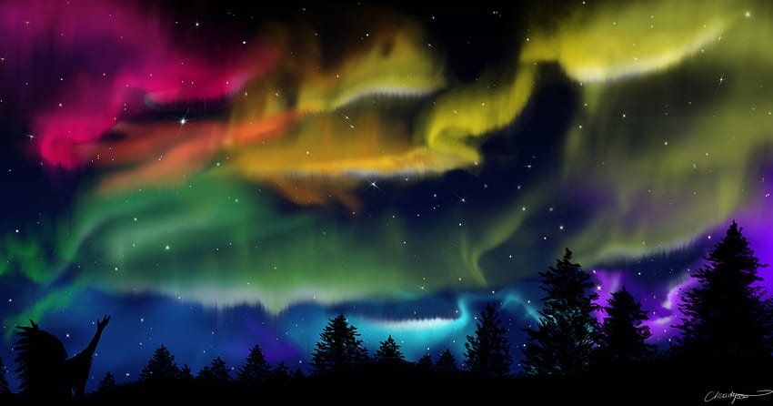 Sky, Art, Night, Silhouette, Forest, Northern Lights, Aurora Borealis, Shaman HD wallpaper