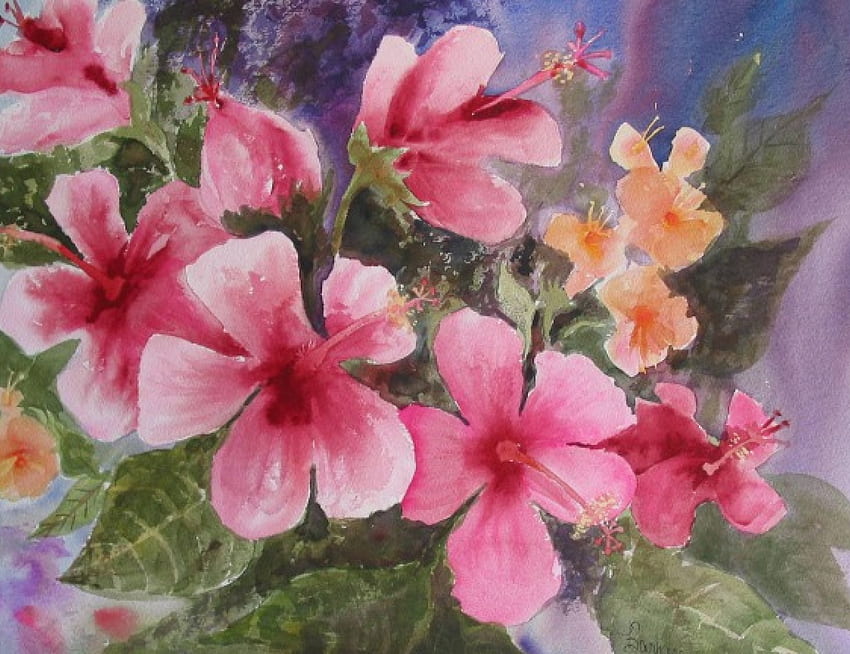 Pink Hibiscus Art, bouquet, pink hibiscus flowers, art HD wallpaper
