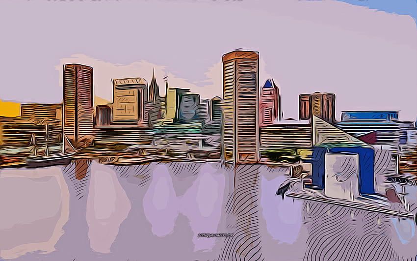Baltimore, , vector art, Baltimore drawing, creative art, Baltimore art, vector drawing, abstract city, Baltimore cityscape, Maryland, USA HD wallpaper