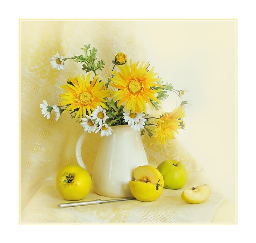 still life, bouquet, graphy, beautiful, nice, jug, flower, yellow, cool, fruit, apple, flowers, , harmony HD wallpaper