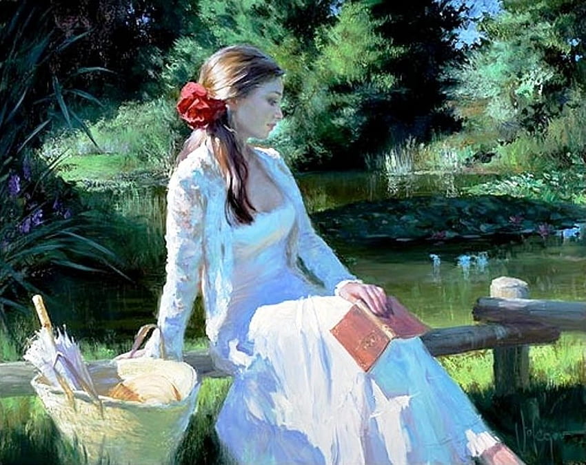 Young woman in nature, art, lake, woman, park, summer, painting, young, trees, nature, painter HD wallpaper