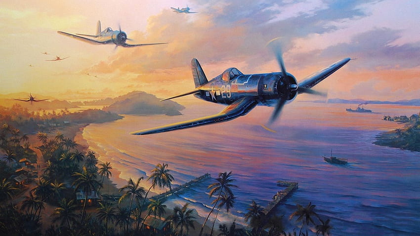 f4u corsair, drawing, painting, dogfight, aircraft, art HD wallpaper