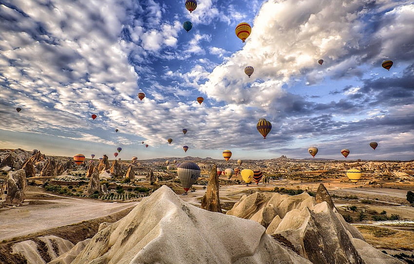 The sky, clouds, mountains, balloon, rocks, Turkey, Cappadocia HD wallpaper  | Pxfuel