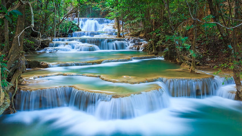Taman Nasional Erawan, air terjun, air terjun, Thailand, alam Wallpaper HD