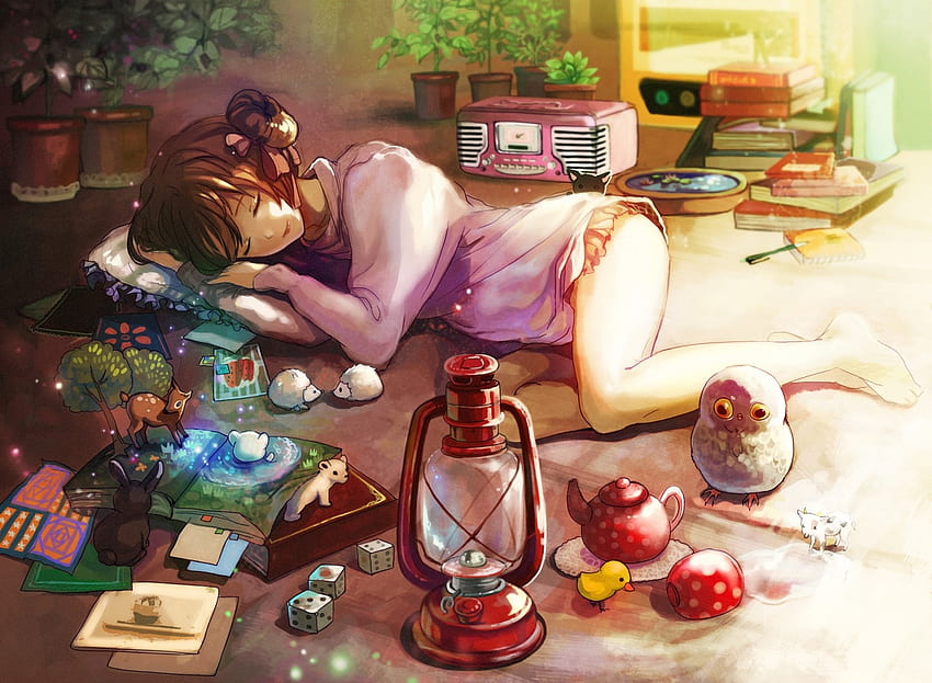 brunettes radio ribbons moe plants lamps books pillows sleeping anime girls – Anime Hot Anime , Sleepy Anime HD wallpaper