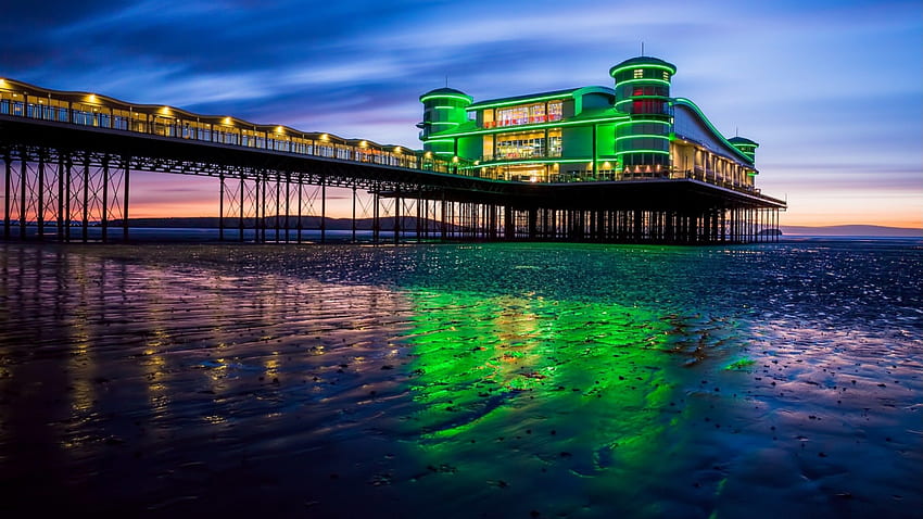 fantastic ocean pier r, sea, neon, pier, r, dusk, beach HD wallpaper