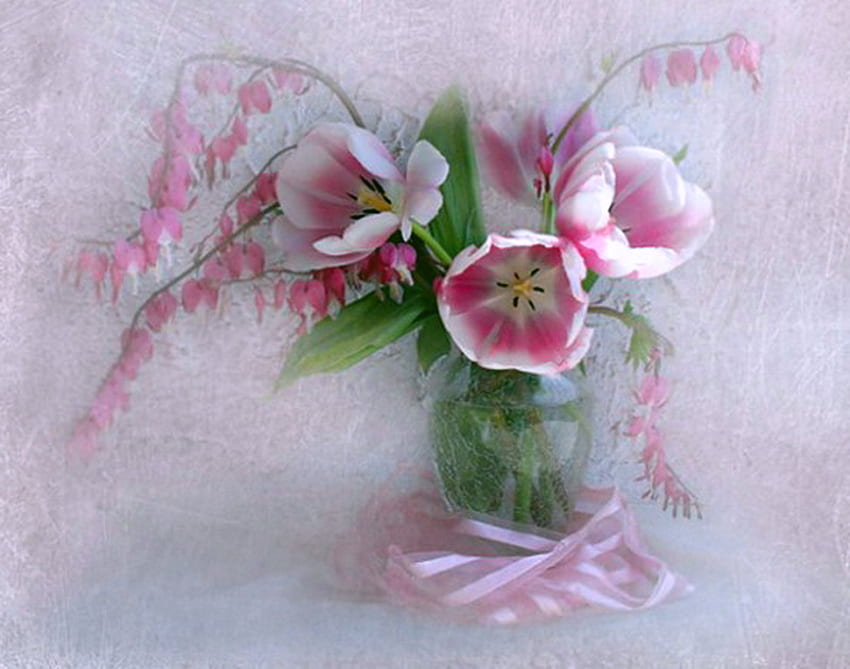 Misty beauty, mist, pink and white, green vase, flowers, bleeding heart, tulips HD wallpaper