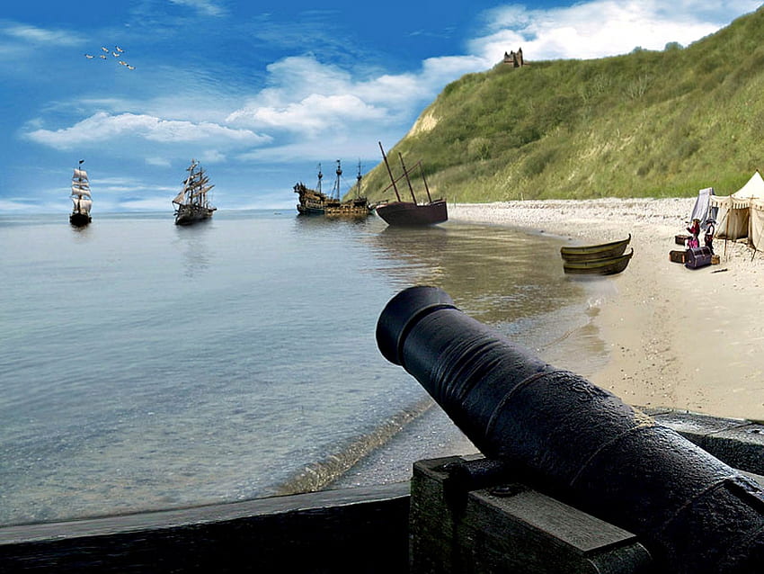 Piratenbucht, Piraten, Strand, Kanone, Schiffe HD-Hintergrundbild