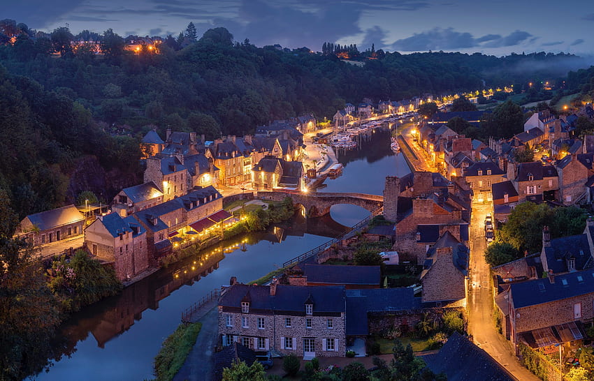 / aerial view of a charming european town on a small river, quaint river town HD wallpaper