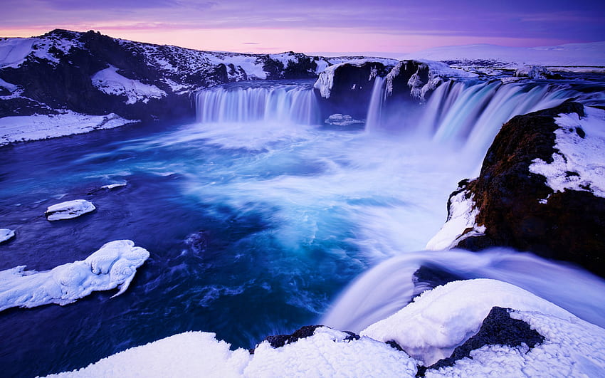 Godafoss, зима, водопад, исландски забележителности, снежни преспи, река Skjalfandafljot, водопади на Исландия, красив водопад, Исландия HD тапет