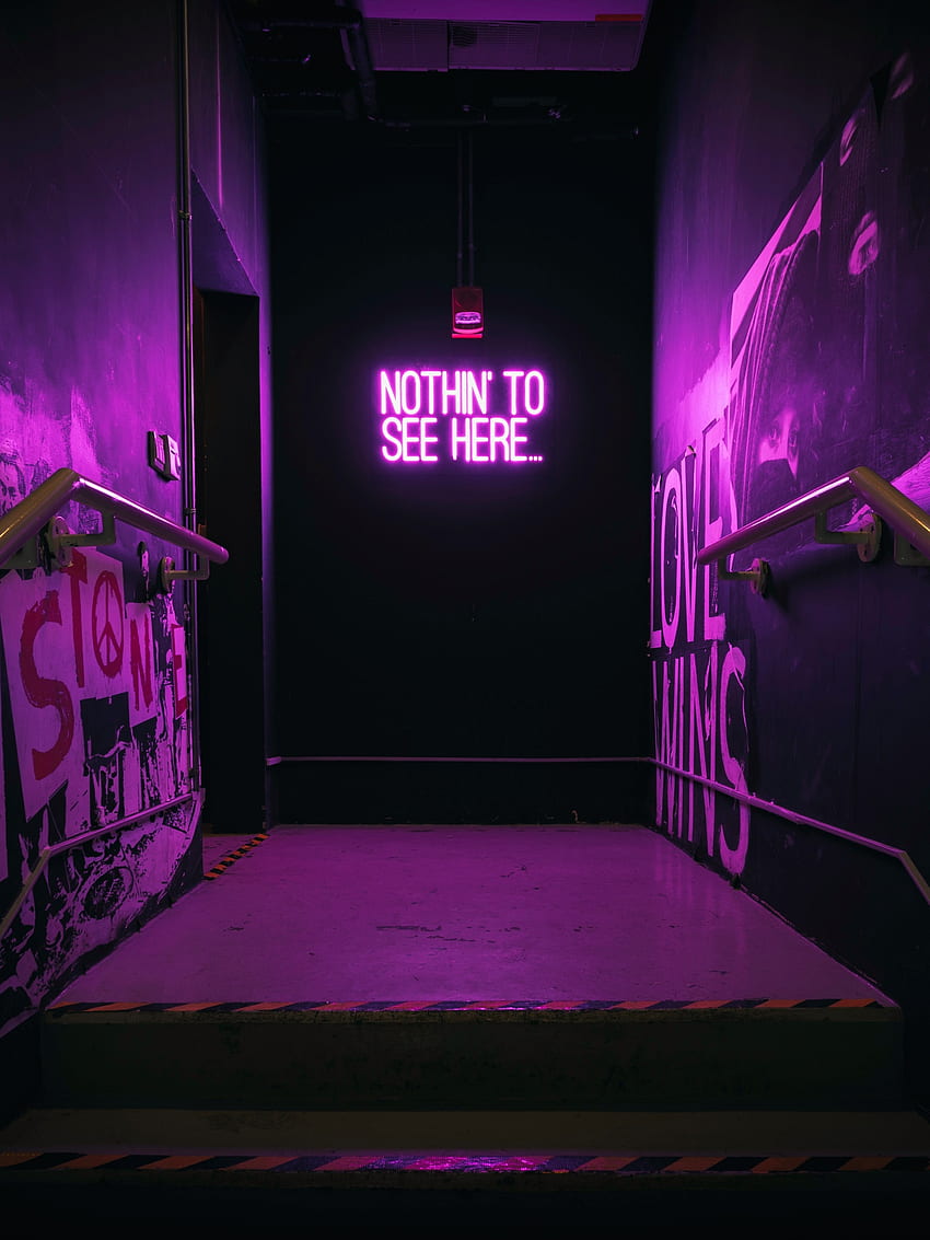 Nothing to See Here , Neon sign, Stairway, Purple light, , Quotes, Purple and Pink Neon HD phone wallpaper