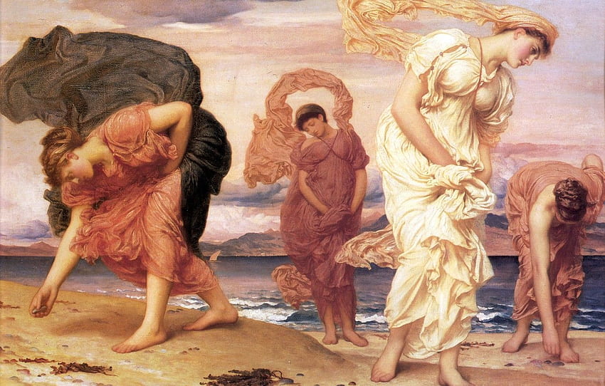 sea, women, beach, antique, Frederic Leighton, Greek, Greek Painting HD wallpaper