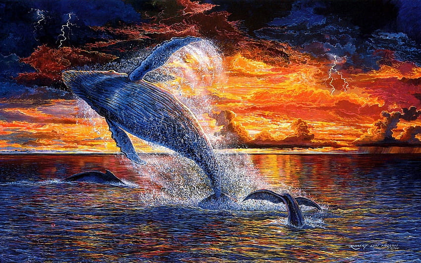 SUNSET BREACH, mar, gigantes, oceanos, fim do dia, obras de arte, baleias, jubarte, animais selvagens, nuvens, horizontes, mar profundo, mamíferos, Pôr do sol papel de parede HD